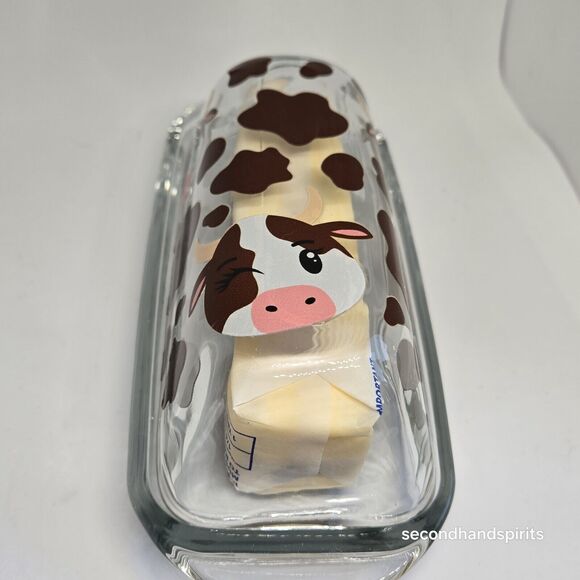 Glass Butter Dish with Lid: Stylish Cow Design Pastoral Print - Picture 6 of 6